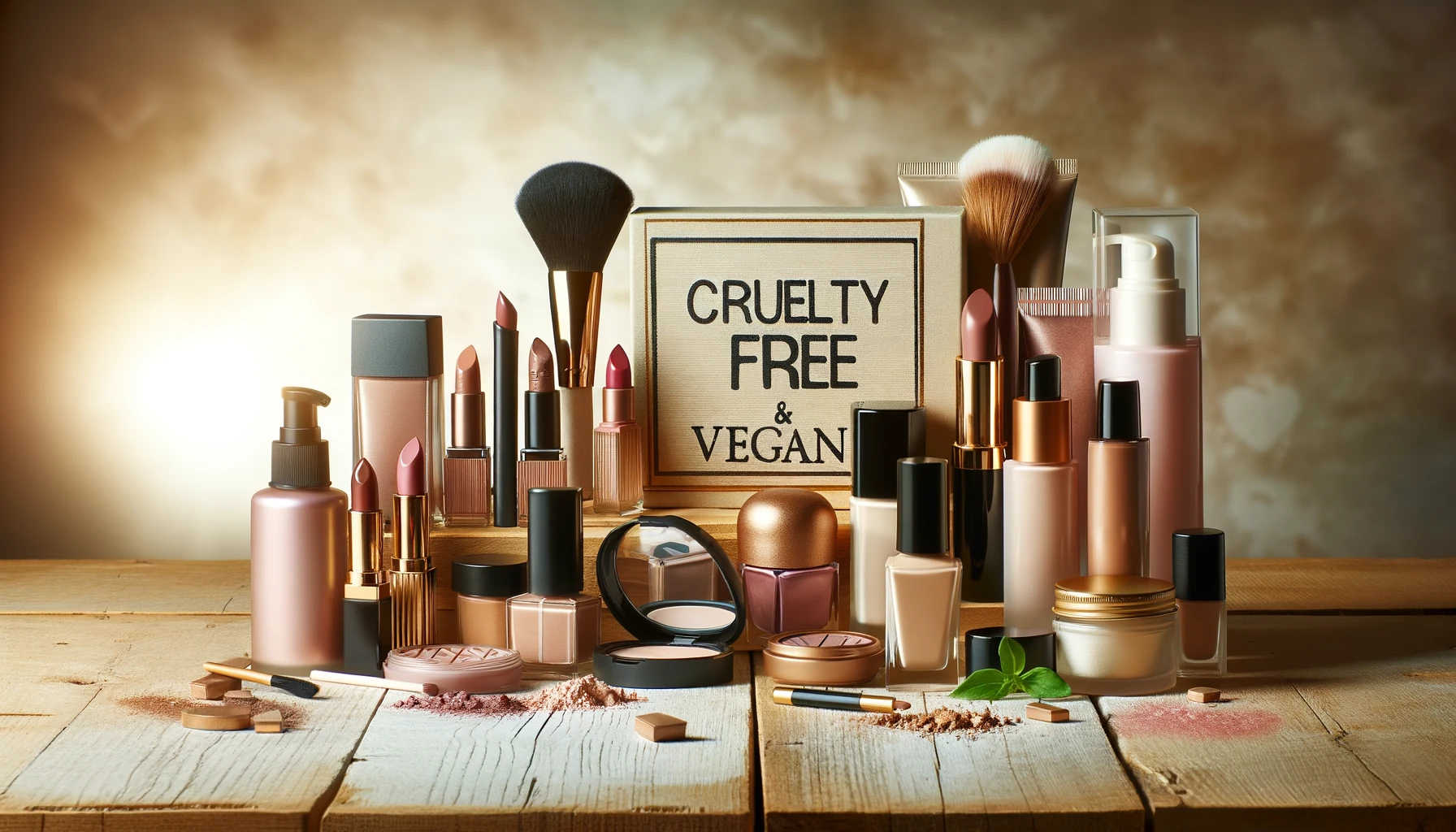 A selection of cruelty-free and vegan cosmetic products on a natural wooden surface. The collection includes a variety of items such as lipsticks, foundations, moisturizers, and eyeshadows, all showcasing the cruelty-free and vegan labels prominently.
